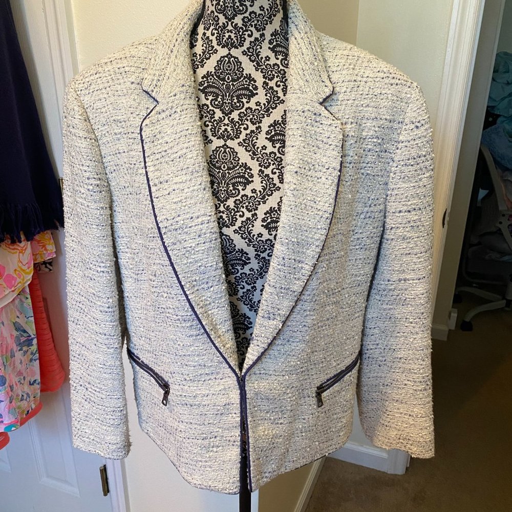 Ann Taylor Green, Blue Tweed Piped Blazer 18